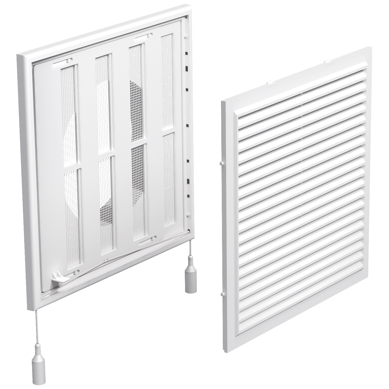 Műanyag szellőzőrács 250x250 mm-es állítható zsaluval és 150 mm átmérőjű karimával, fehér