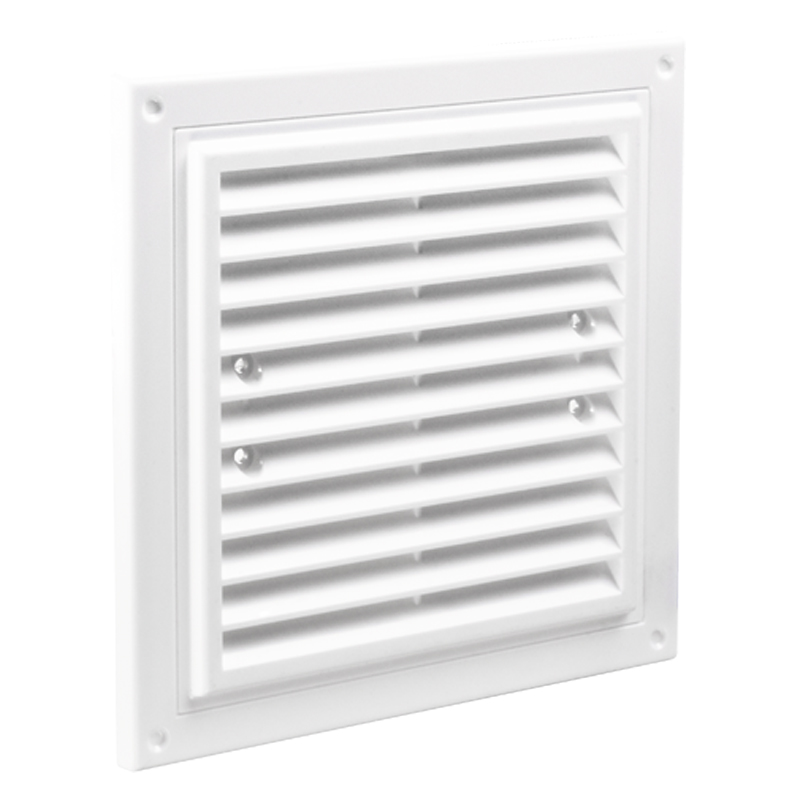 Műanyag szellőzőrács karima nélkül, fix zsaluval 350x350 mm, fehér